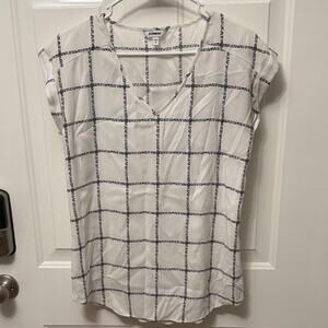 Express Women's White and Black Grid Pattern Short Sleeve Blouse, Size S